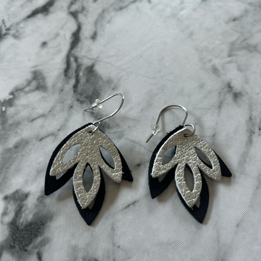 Leather Earrings - Silver Black Double Layer Tri-Leaf Shape